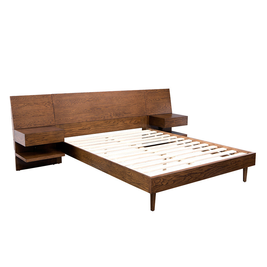 Bed With 2 Nightstands Pecan Wood