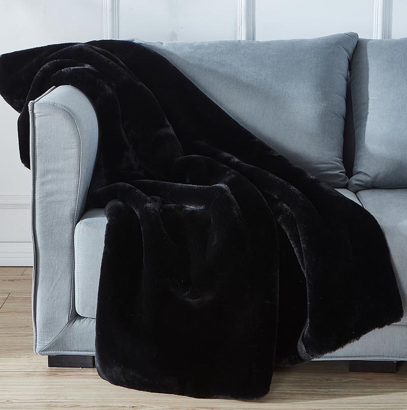 Cassilda Luxury Chinchilla Faux Fur Throw Blanket 50" X 60" Black Polyester