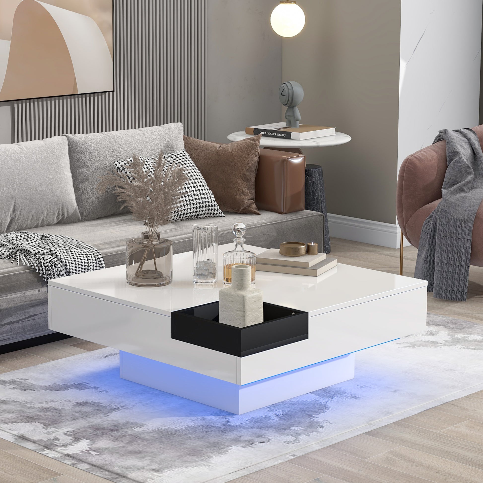 Modern Minimalist Design 31.5*31.5In Square Coffee Table With Detachable Tray And Plug In 16 Color Led Strip Lights Remote Control For Living Room White Particle Board