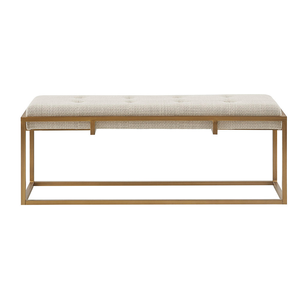 Button Tufted Upholstered Metal Base Accent Bench Brown Antique Bronze Polyester