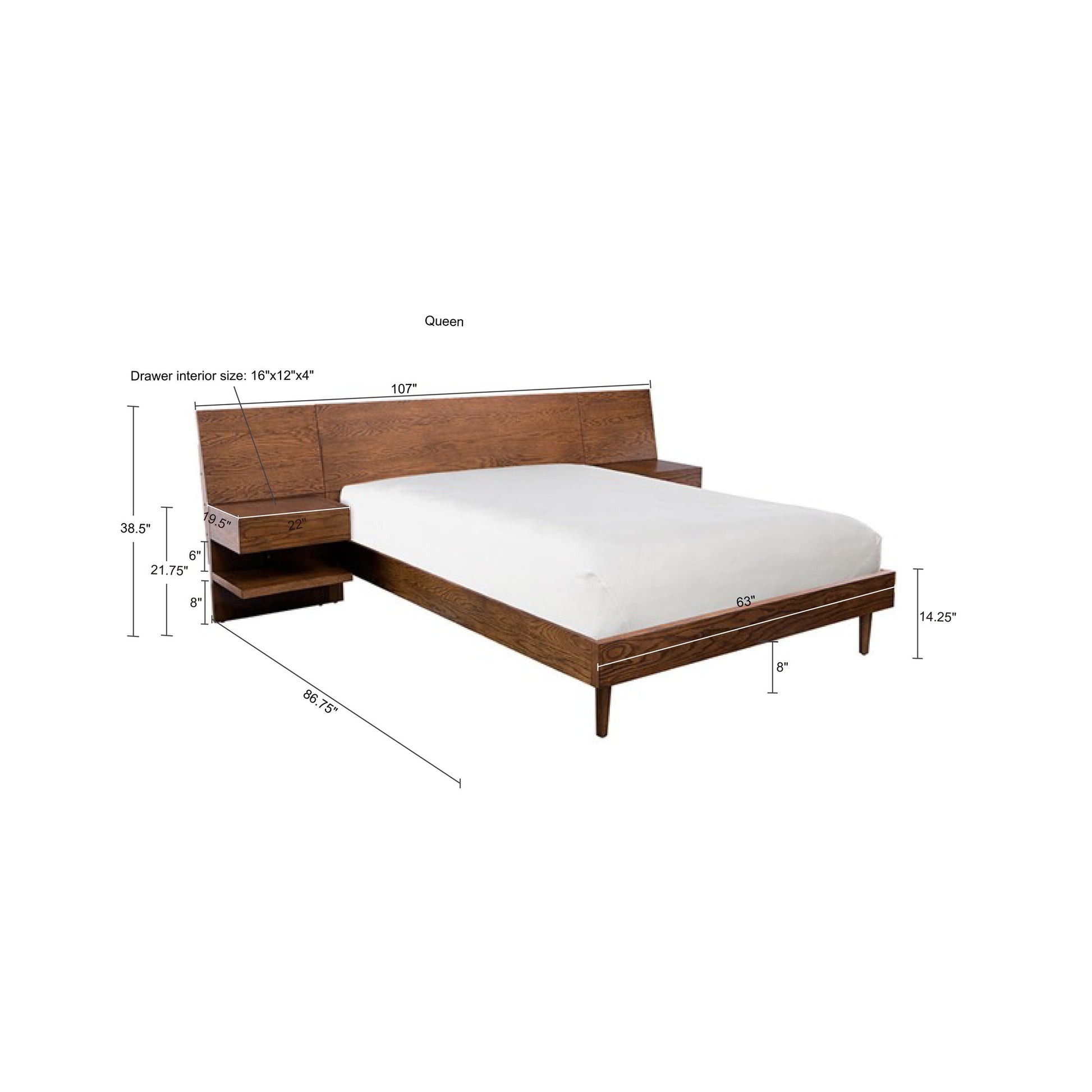 Bed With 2 Nightstands Pecan Wood