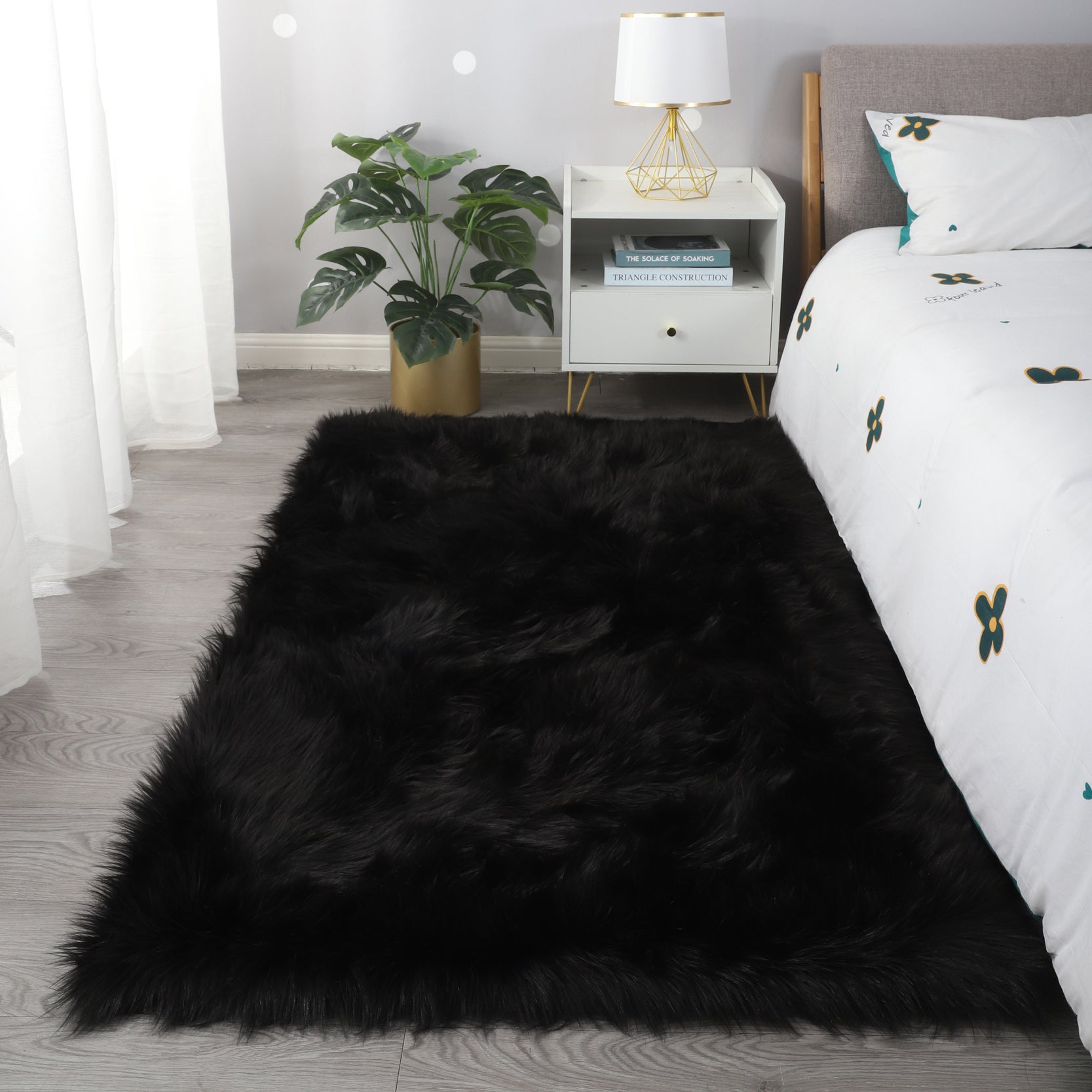 "Cozy Collection" Ultra Soft Fluffy Faux Fur Sheepskin Area Rug Black Polyester