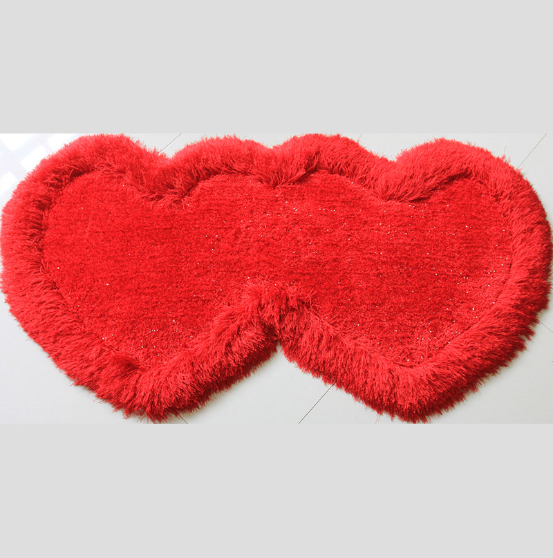 Double Heart Shape Hand Tufted 4 Inch Thick Shag Area Rug 28 In X 55 In Red Polyester