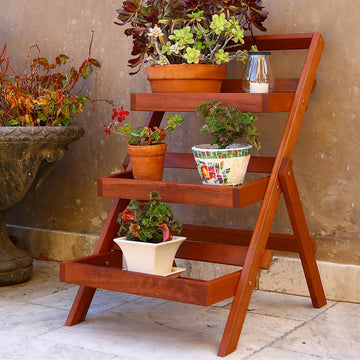 Malibu Outdoor Three Layer Wood Garden Plant Stand Brown Solid Wood