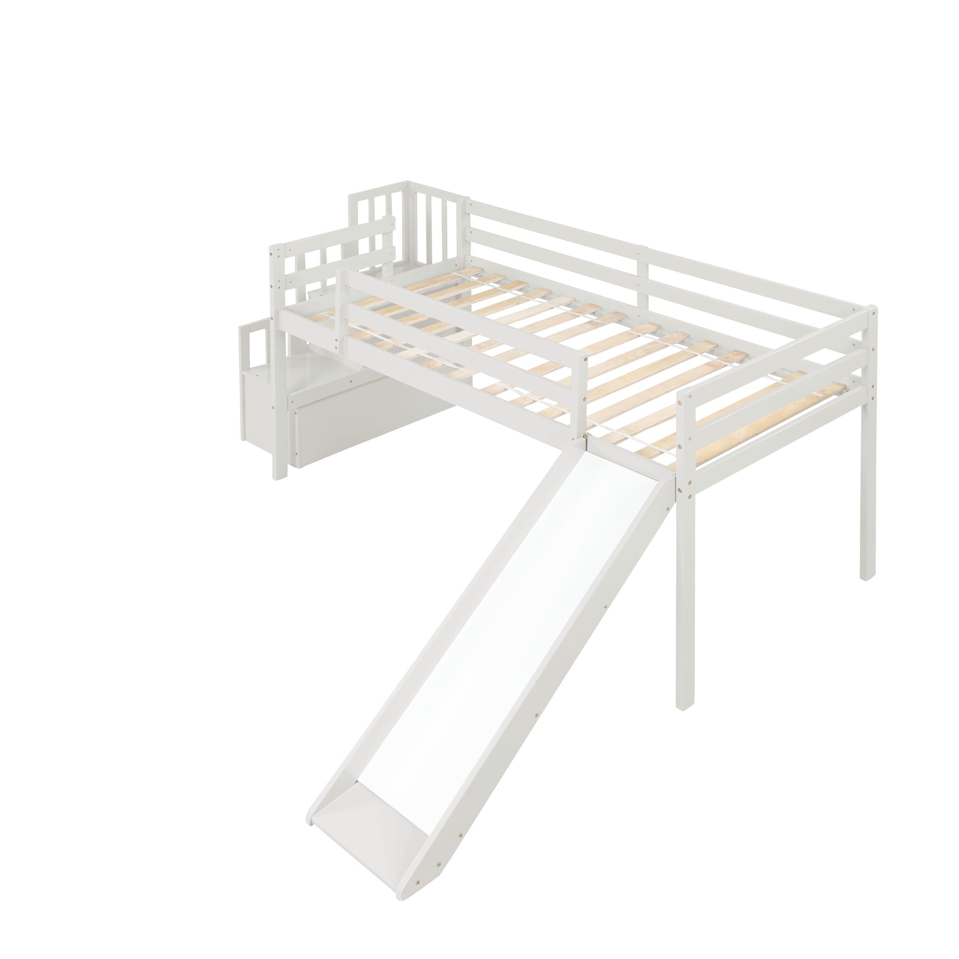 Loft Bed With Staircase, Storage, Slide, Twin Size, Full Length Safety Guardrails, No Box Spring Needed, White Old Sku:W504S00004 Twin White Pine