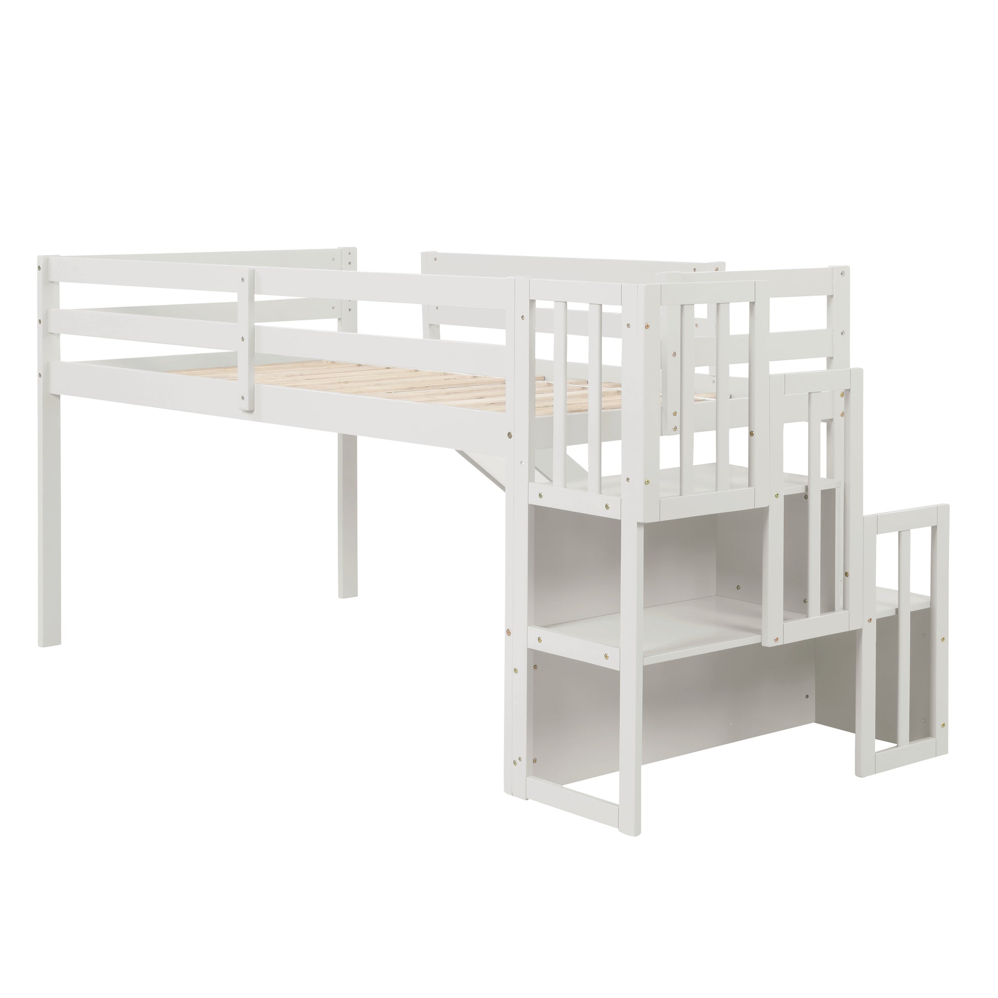 Loft Bed With Staircase, Storage, Slide, Twin Size, Full Length Safety Guardrails, No Box Spring Needed, White Old Sku:W504S00004 Twin White Pine