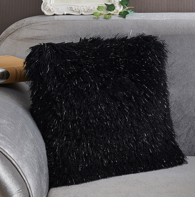 "Decorative" Shaggy Pillow With Lurex 18 In X 18 In Black Polyester