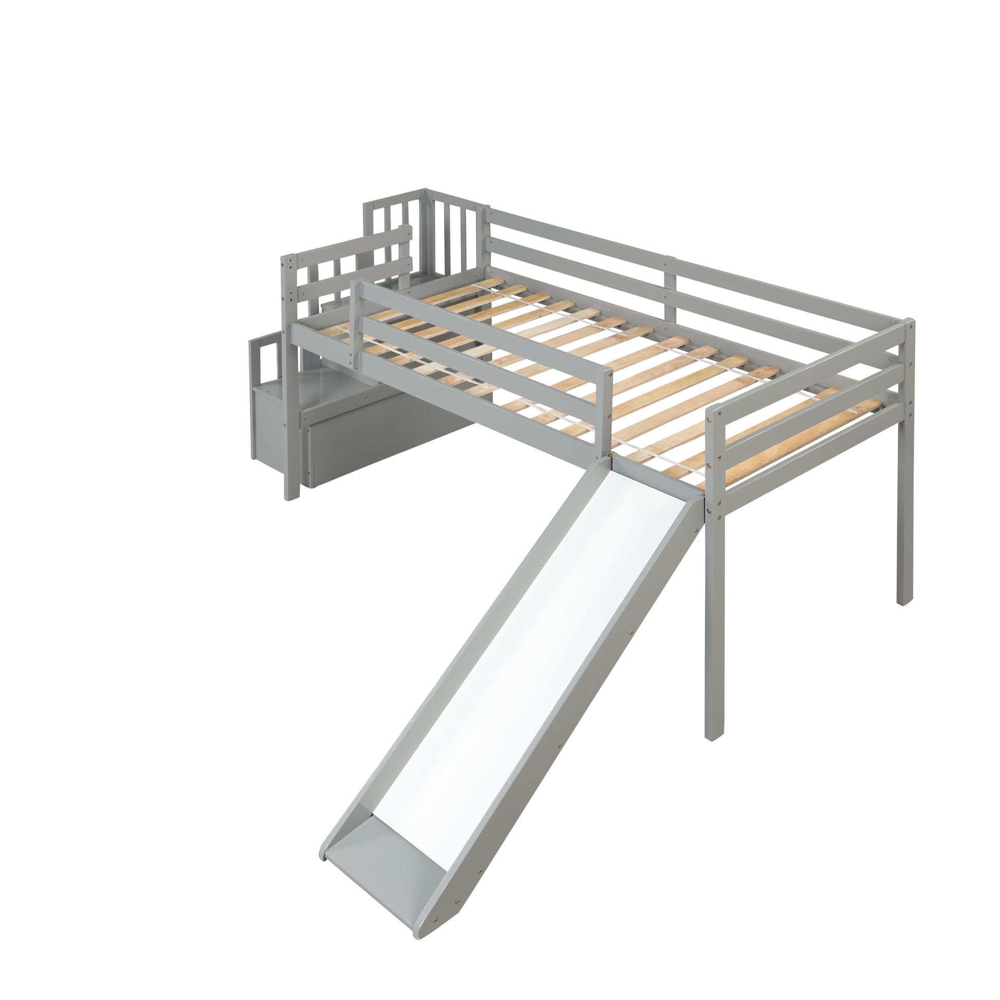 Loft Bed With Staircase, Storage, Slide, Twin Size, Full Length Safety Guardrails, No Box Spring Needed, Grey Old Sku:W504S00005 Twin Grey Pine