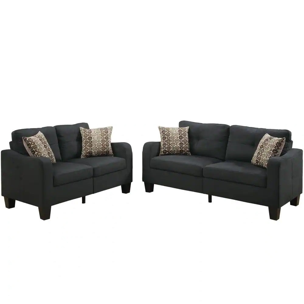 Living Room Furniture 2Pc Sofa Set Black Polyfiber Sofa And Loveseat W Pillows Cushion Couch Black Primary Living Space Cushion Back Contemporary,Modern Rubberwood Square Arms Particle Board 4 Seat