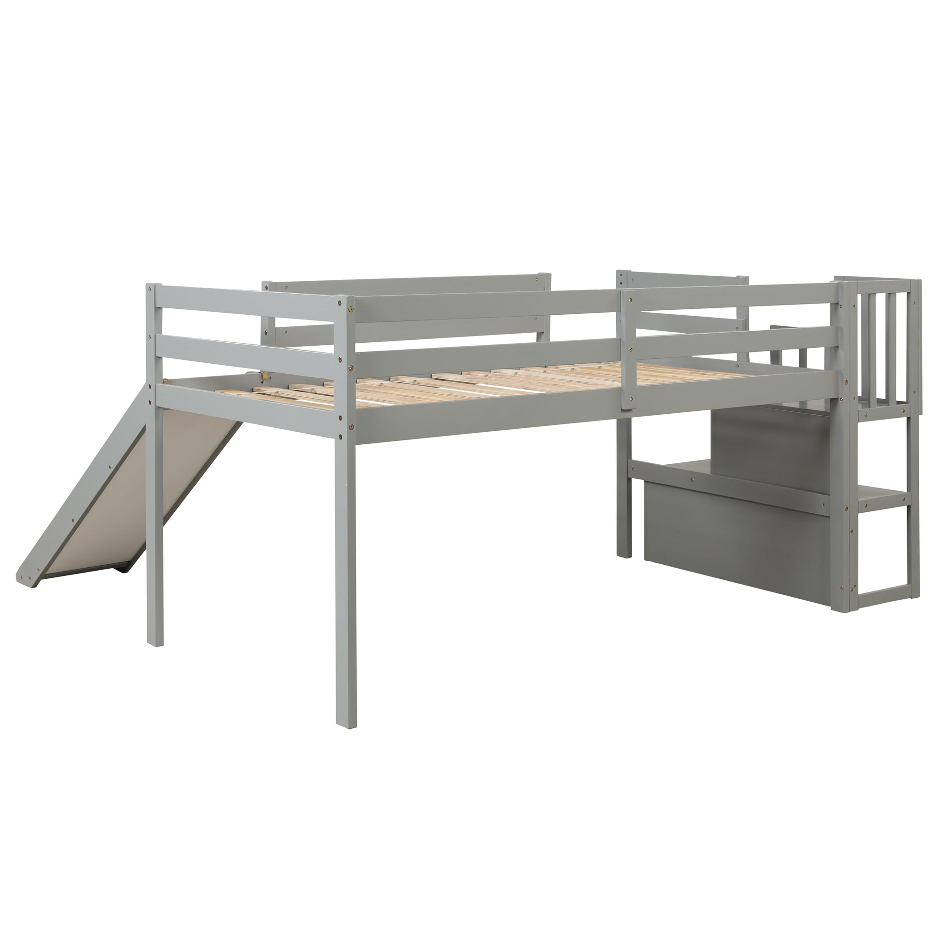 Loft Bed With Staircase, Storage, Slide, Twin Size, Full Length Safety Guardrails, No Box Spring Needed, Grey Old Sku:W504S00005 Twin Grey Pine