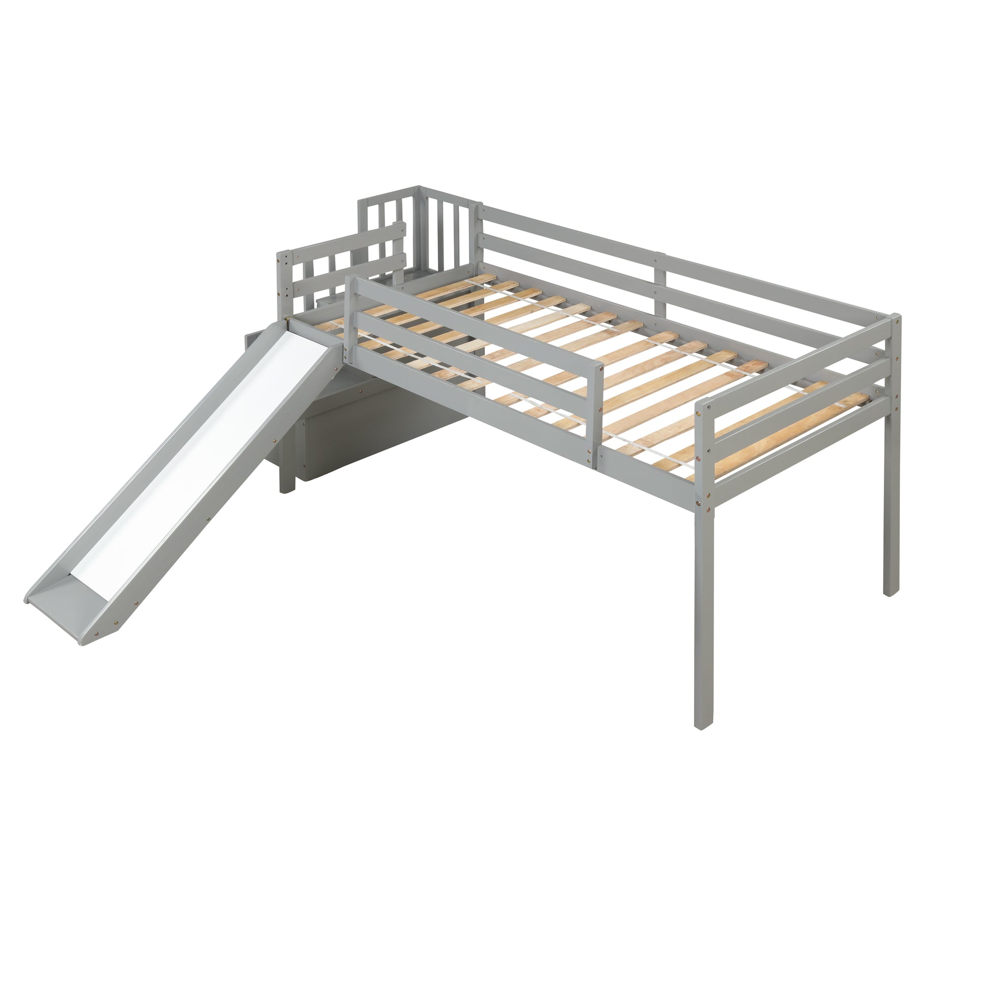 Loft Bed With Staircase, Storage, Slide, Twin Size, Full Length Safety Guardrails, No Box Spring Needed, Grey Old Sku:W504S00005 Twin Grey Pine