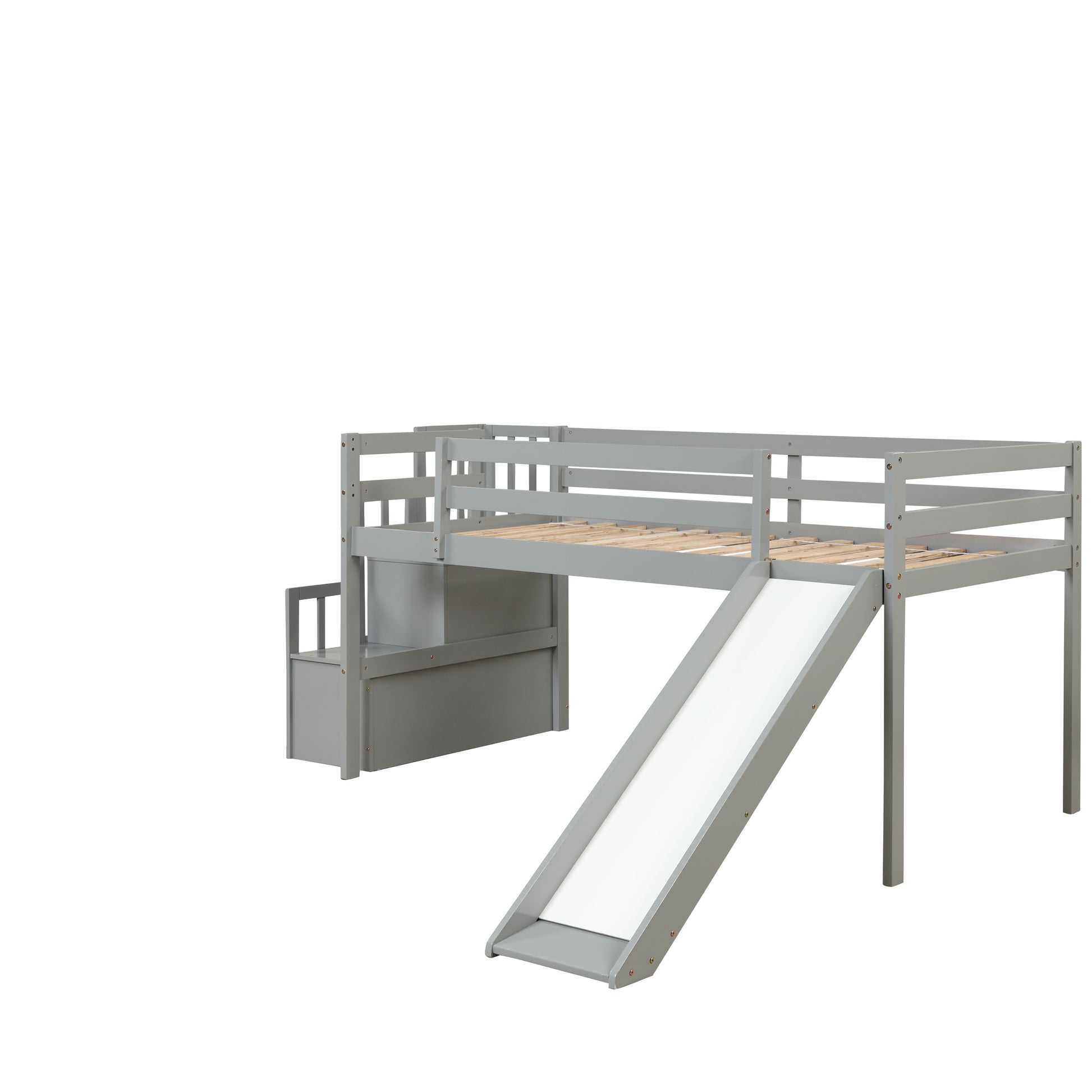 Loft Bed With Staircase, Storage, Slide, Twin Size, Full Length Safety Guardrails, No Box Spring Needed, Grey Old Sku:W504S00005 Twin Grey Pine