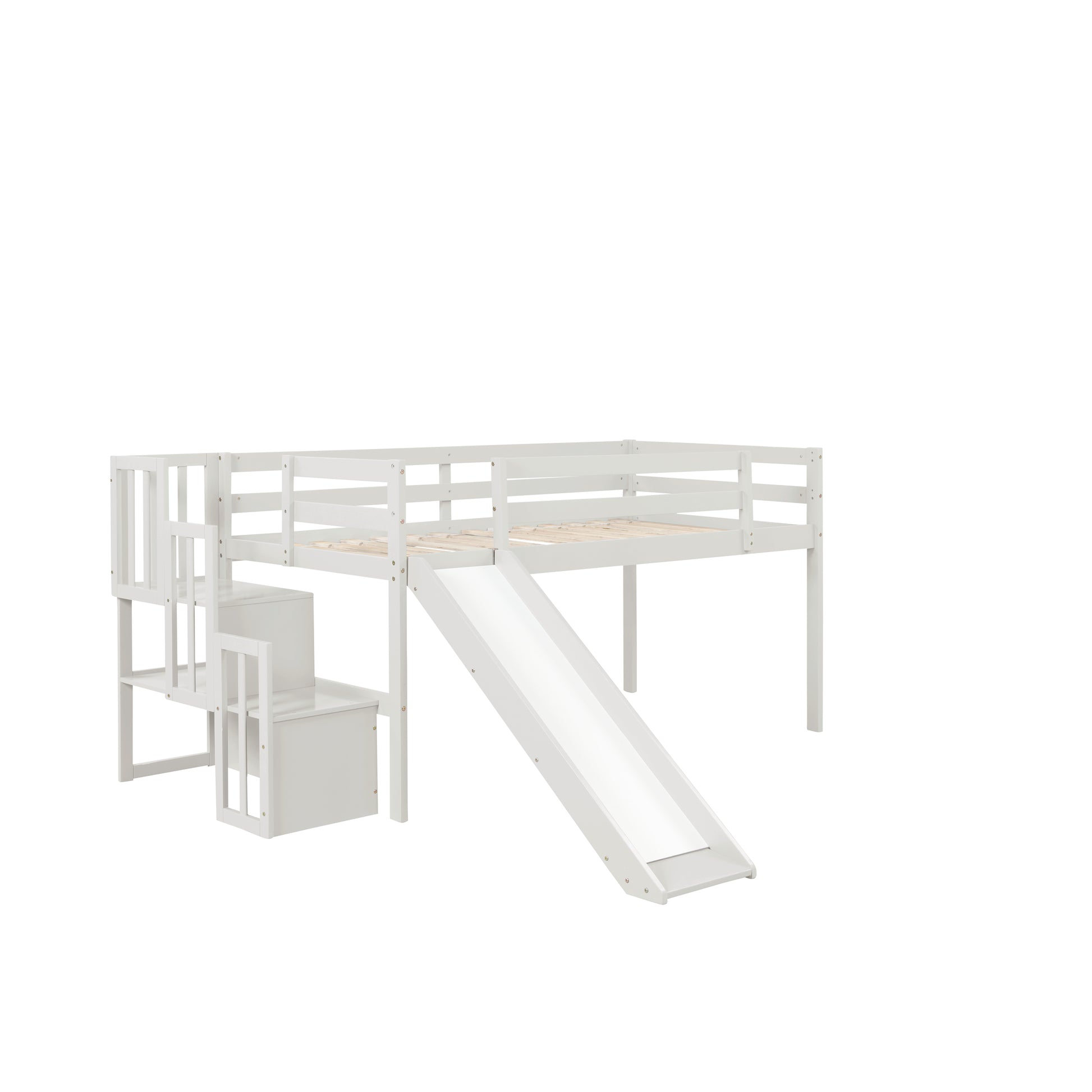 Loft Bed With Staircase, Storage, Slide, Twin Size, Full Length Safety Guardrails, No Box Spring Needed, White Old Sku:W504S00004 Twin White Pine