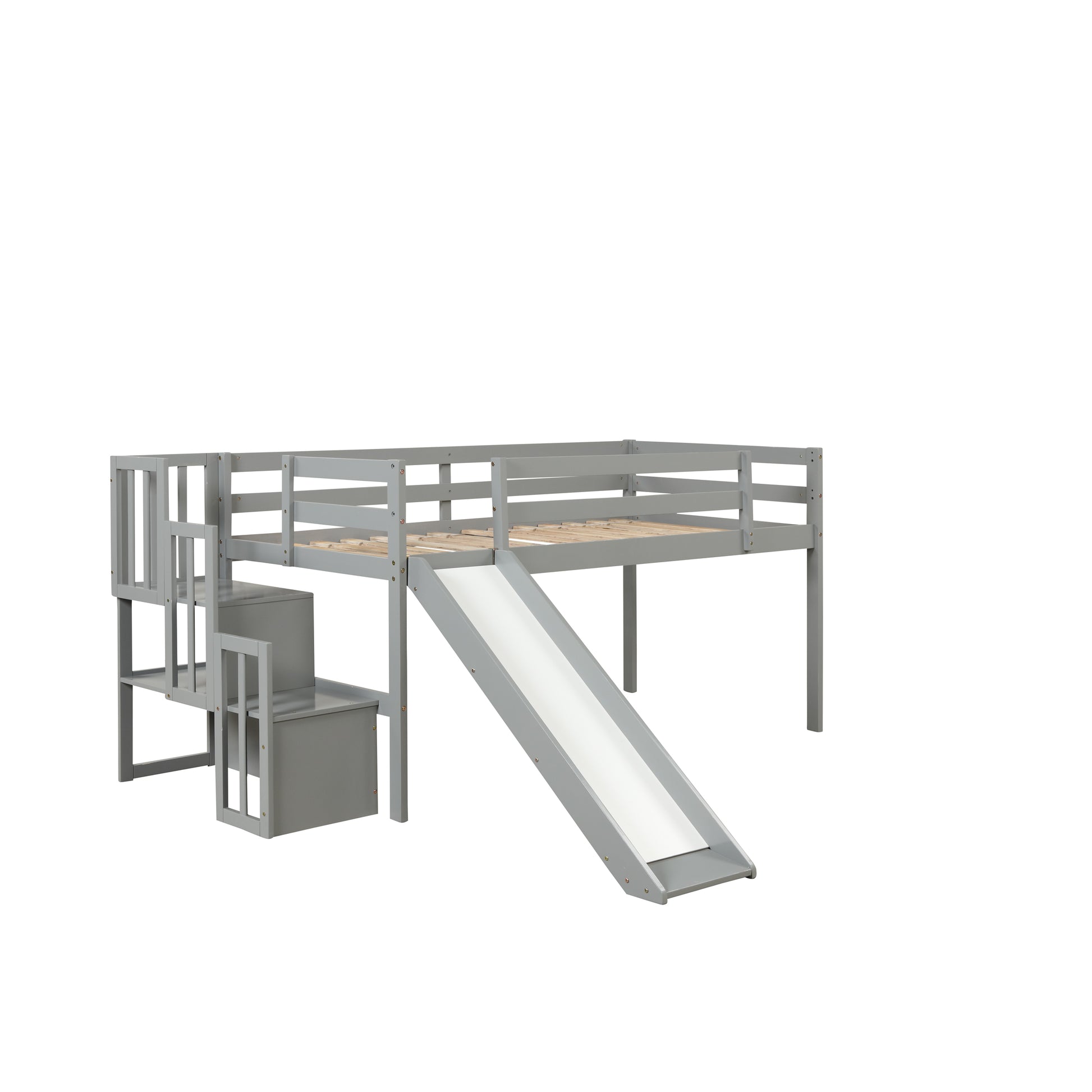 Loft Bed With Staircase, Storage, Slide, Twin Size, Full Length Safety Guardrails, No Box Spring Needed, Grey Old Sku:W504S00005 Twin Grey Pine