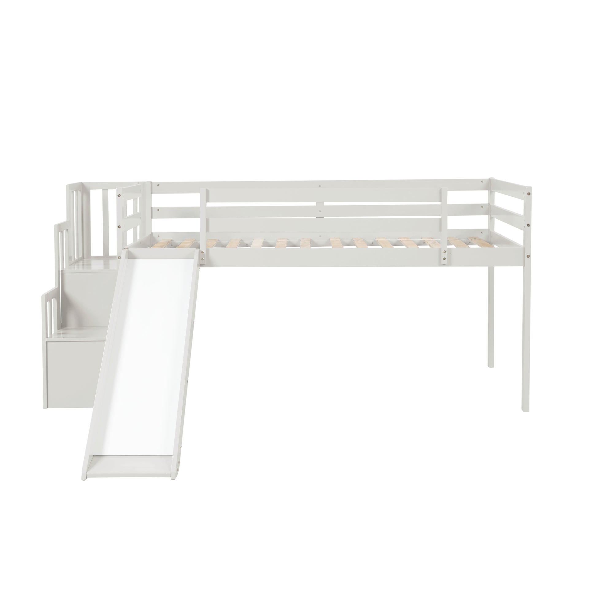 Loft Bed With Staircase, Storage, Slide, Twin Size, Full Length Safety Guardrails, No Box Spring Needed, White Old Sku:W504S00004 Twin White Pine