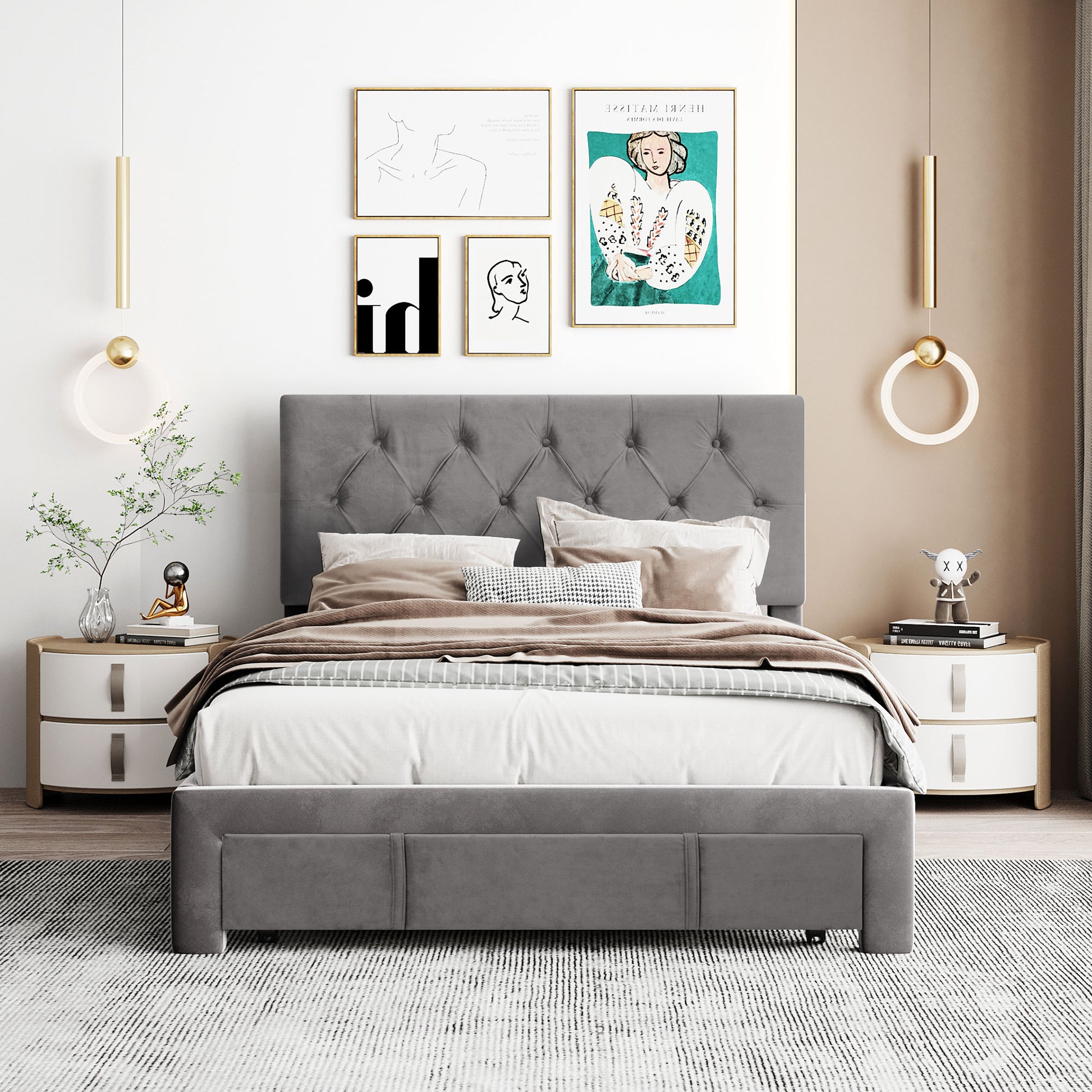 Full Size Storage Bed Velvet Upholstered Platform Bed With A Big Drawer Grey Grey Velvet