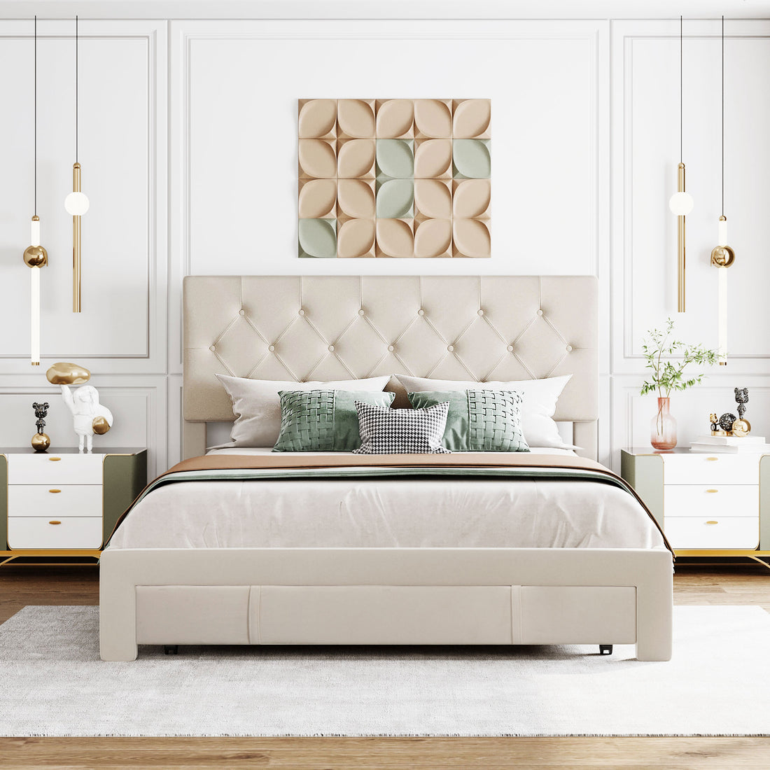 Queen Size Storage Bed Velvet Upholstered Platform Bed With A Big Drawer Beige Beige Velvet