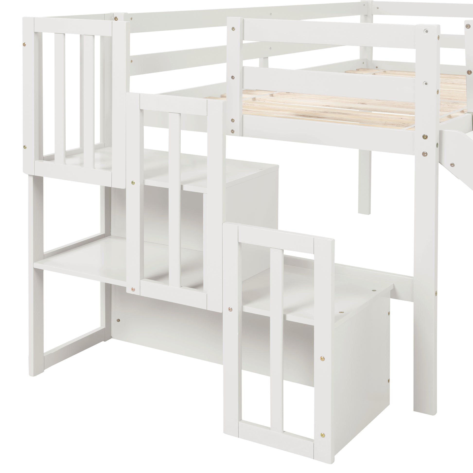 Loft Bed With Staircase, Storage, Slide, Twin Size, Full Length Safety Guardrails, No Box Spring Needed, White Old Sku:W504S00004 Twin White Pine