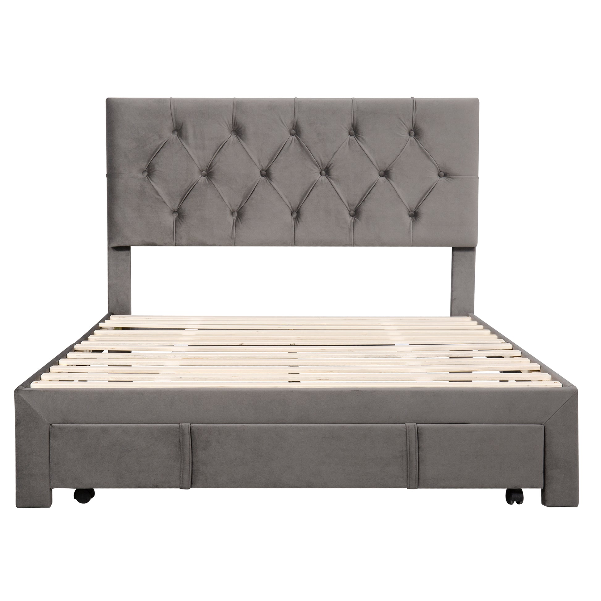 Full Size Storage Bed Velvet Upholstered Platform Bed With A Big Drawer Grey Grey Velvet