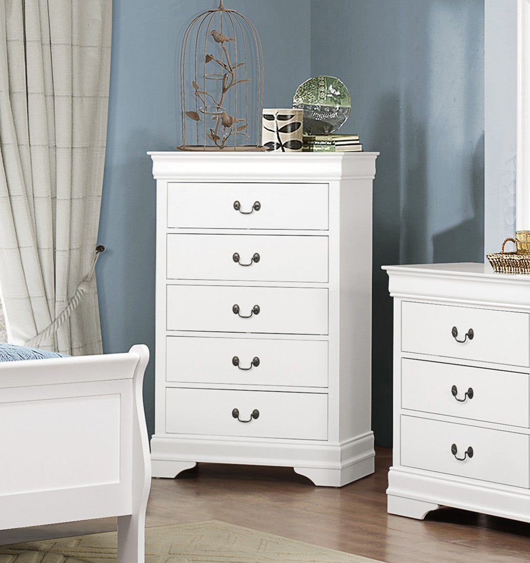 Traditional Design White Finish 1Pc Chest Of 5 Drawers Antique Drop Handles Drawers Bedroom Furniture White Bedroom Traditional Wood