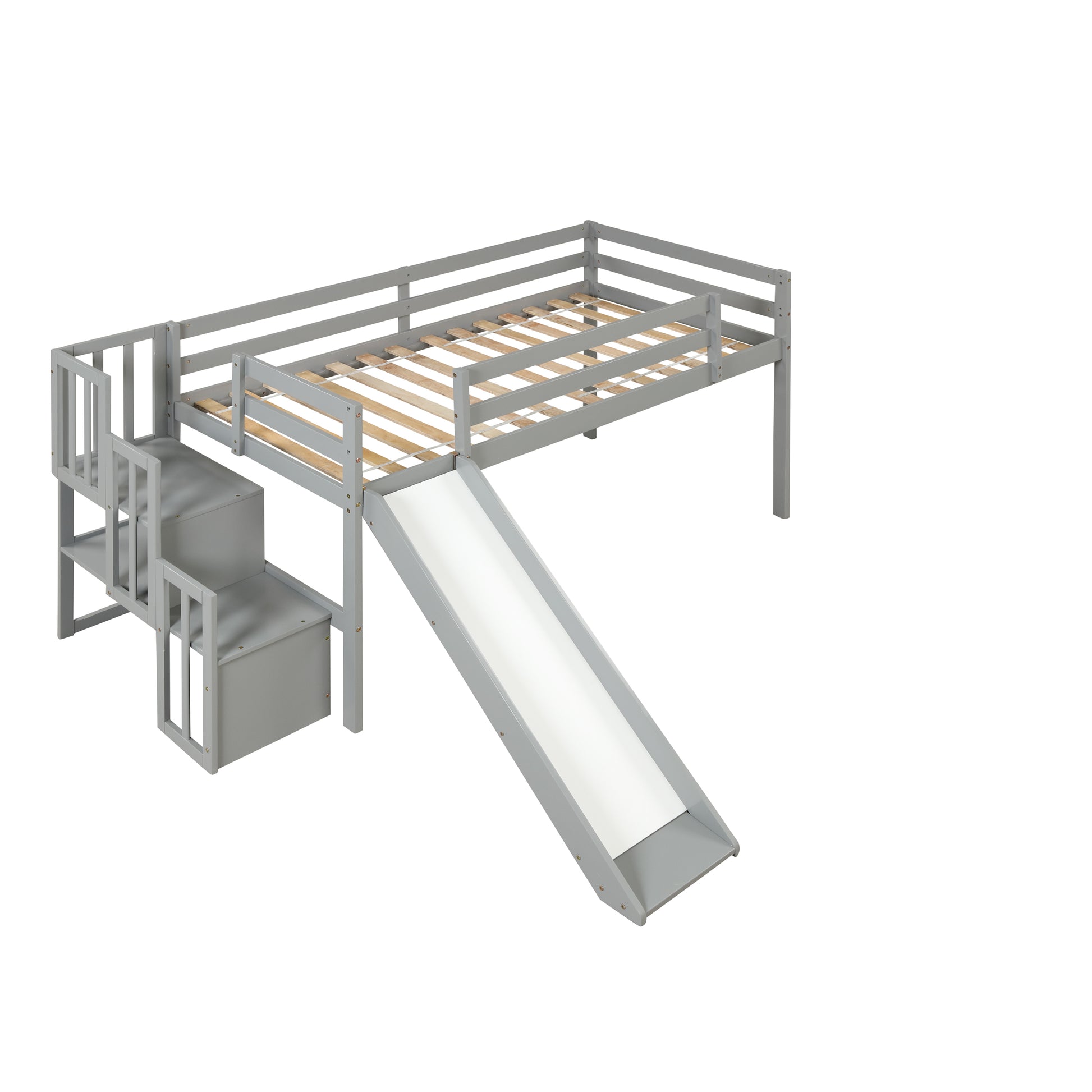 Loft Bed With Staircase, Storage, Slide, Twin Size, Full Length Safety Guardrails, No Box Spring Needed, Grey Old Sku:W504S00005 Twin Grey Pine