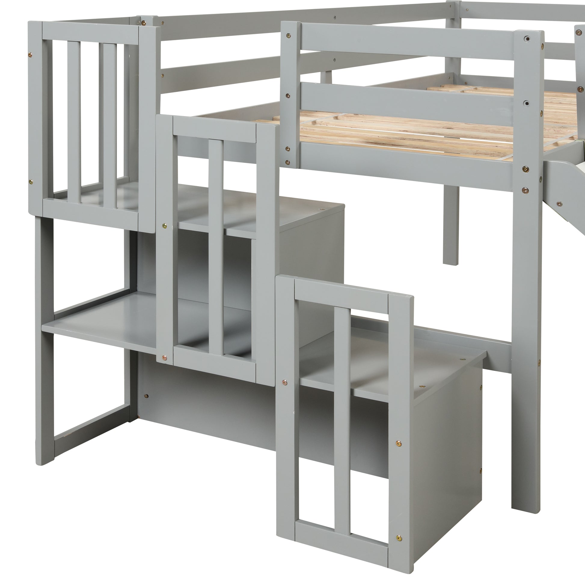 Loft Bed With Staircase, Storage, Slide, Twin Size, Full Length Safety Guardrails, No Box Spring Needed, Grey Old Sku:W504S00005 Twin Grey Pine