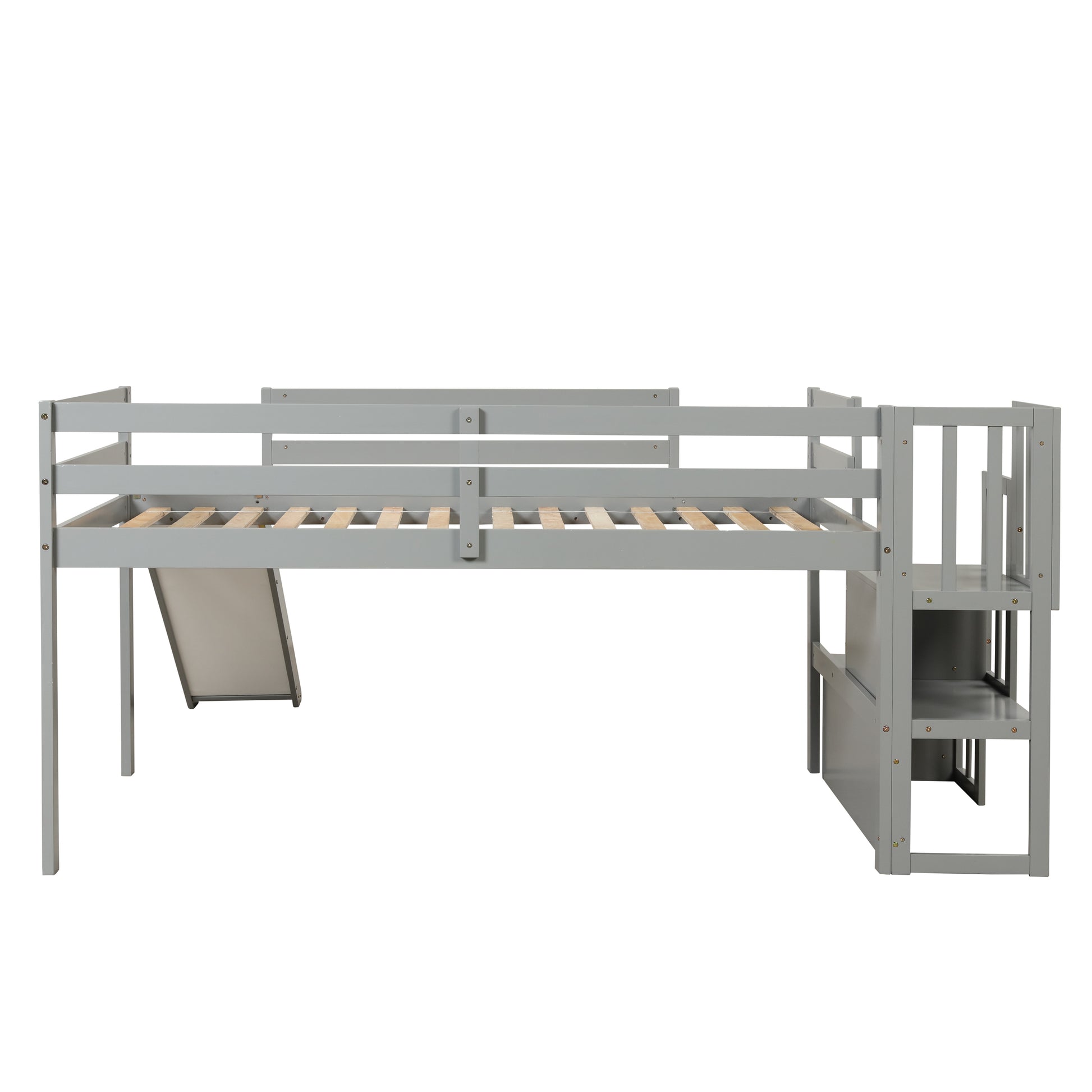 Loft Bed With Staircase, Storage, Slide, Twin Size, Full Length Safety Guardrails, No Box Spring Needed, Grey Old Sku:W504S00005 Twin Grey Pine