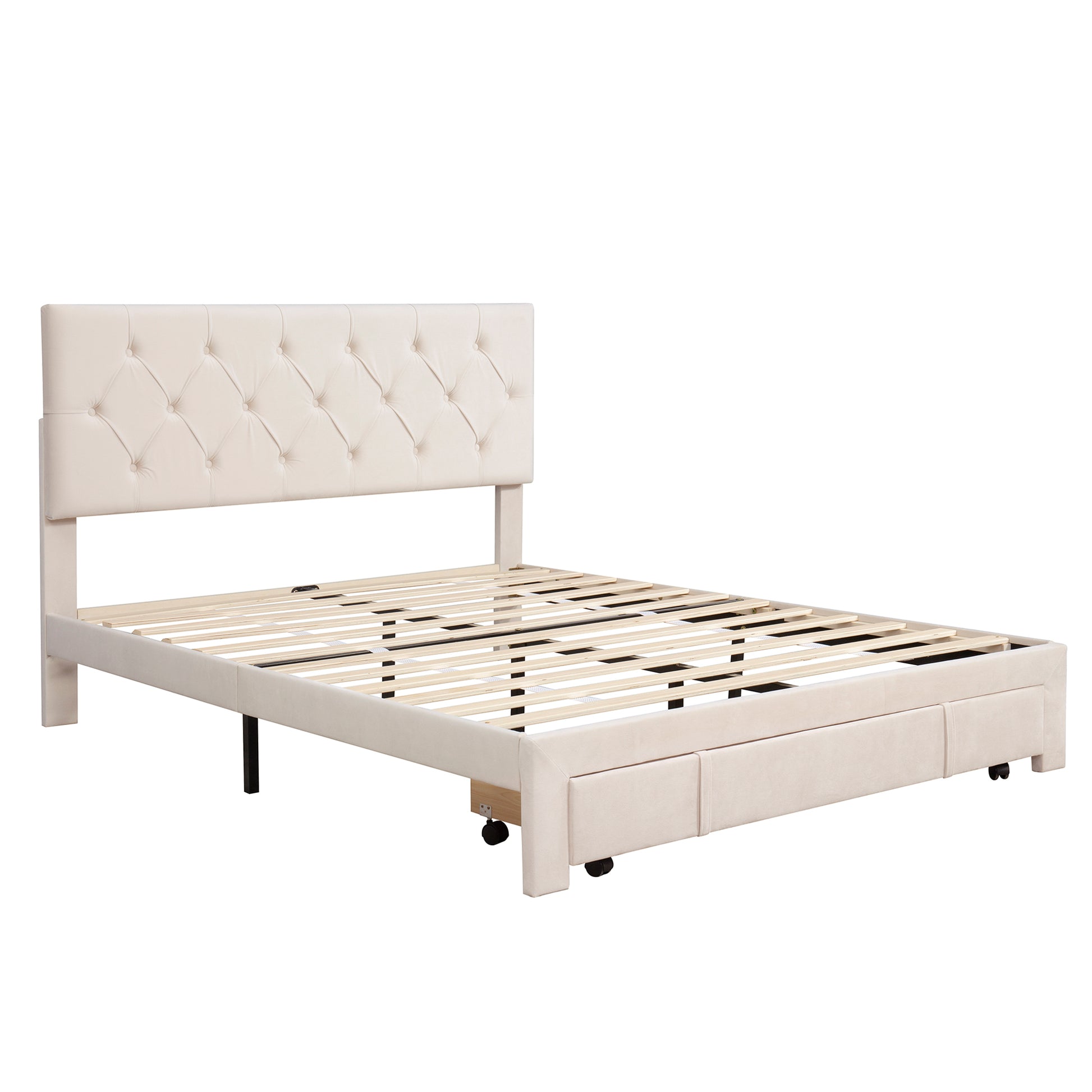 Queen Size Storage Bed Velvet Upholstered Platform Bed With A Big Drawer Beige Beige Velvet