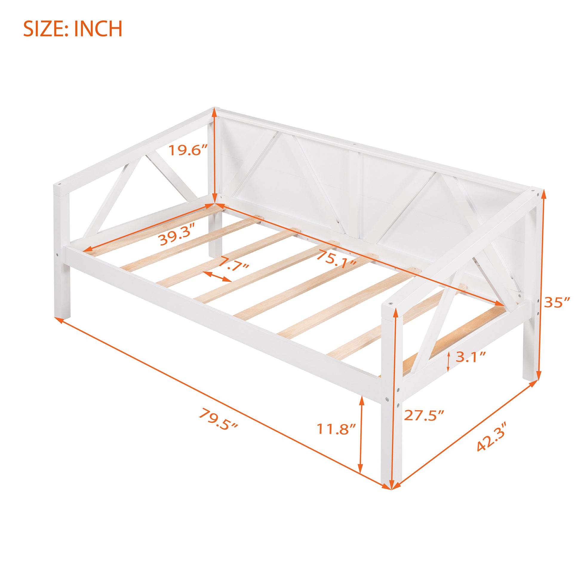 Twin Size Daybed, Wood Slat Support, White White Solid Wood