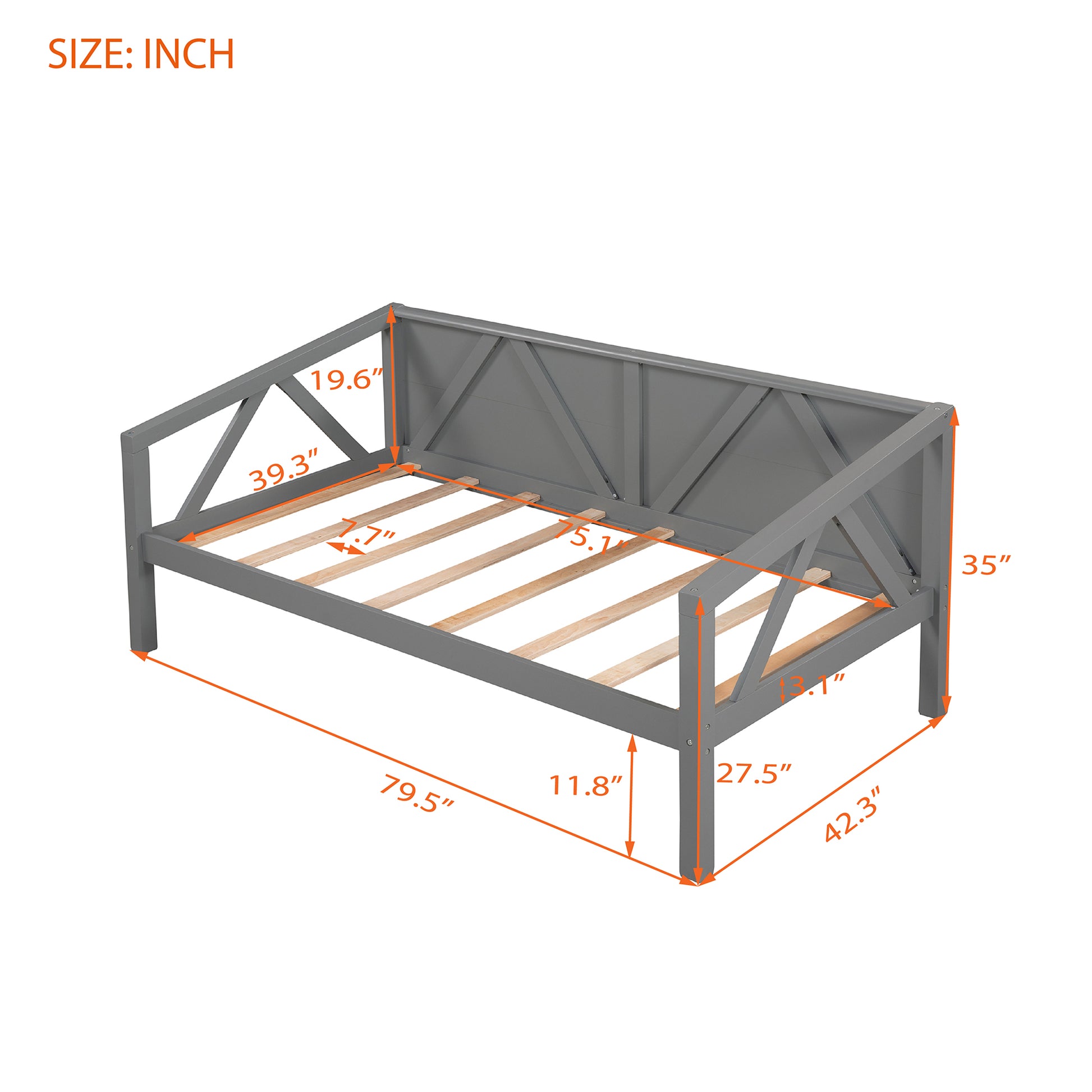 Twin Size Daybed, Wood Slat Support, Gray Gray Solid Wood