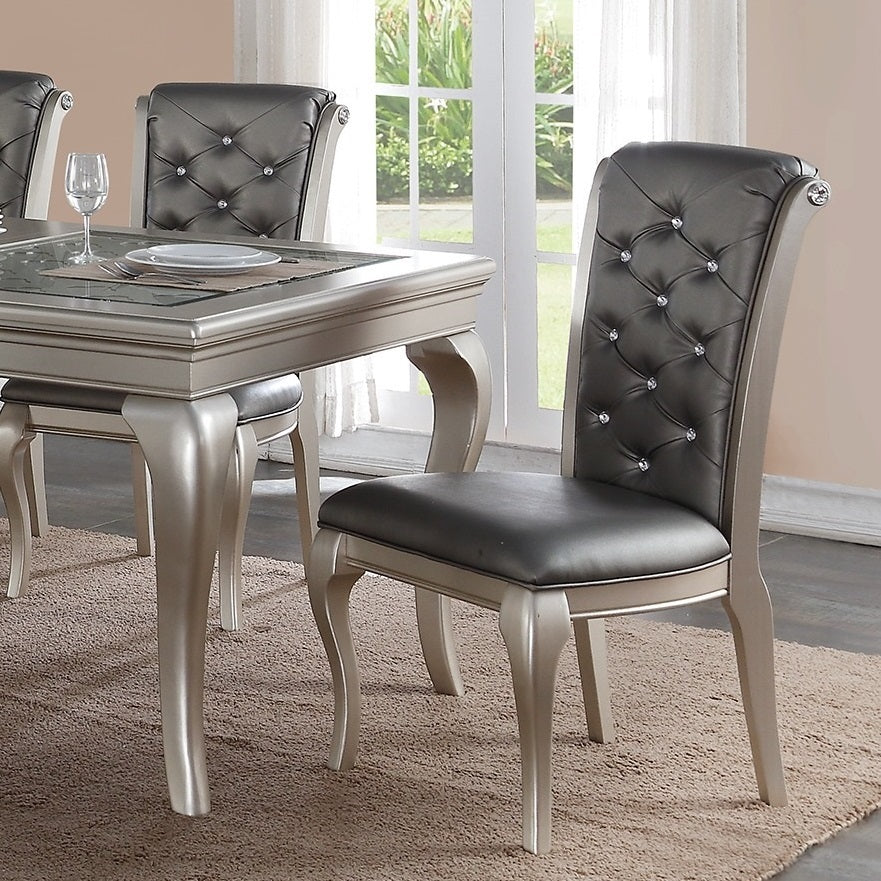 Luxury Antique Silver Wooden Set Of 2 Dining Side Chairs Grey Faux Leather Pu Tufted Upholstered Cushion Chairs Pine Wood Grey Gray Dining Room Classic,Traditional Dining Chairs Rubberwood Tufted Back Solid Wood