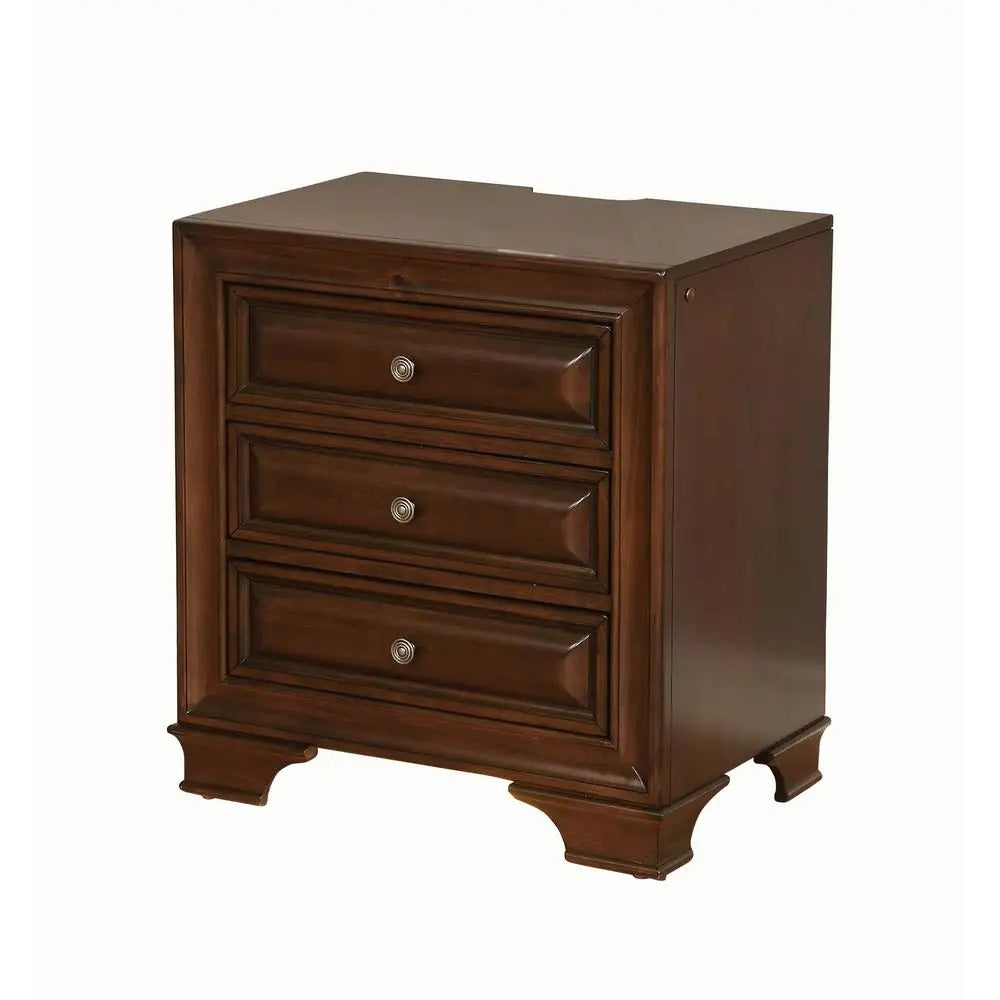 Brown Cherry Solid Wood 1Pc Nightstand Nickel Round Knob Transitional Style 3 Drawers Nightstand W Under Nightlight Brown 3 Drawers Bedroom Contemporary,Transitional Drawers Cherry Solid Wood