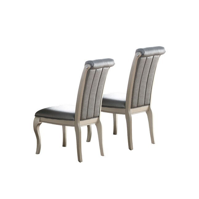 Luxury Antique Silver Wooden Set Of 2 Dining Side Chairs Grey Faux Leather Pu Tufted Upholstered Cushion Chairs Pine Wood Grey Gray Dining Room Classic,Traditional Dining Chairs Rubberwood Tufted Back Solid Wood