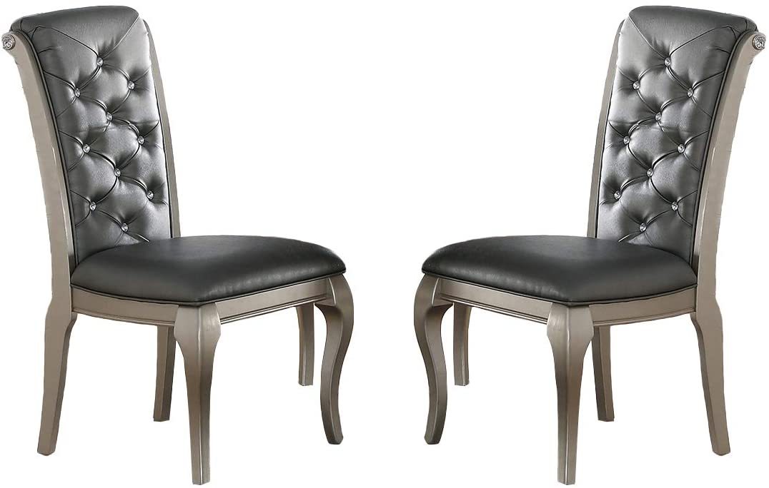 Luxury Antique Silver Wooden Set Of 2 Dining Side Chairs Grey Faux Leather Pu Tufted Upholstered Cushion Chairs Pine Wood Grey Gray Dining Room Classic,Traditional Dining Chairs Rubberwood Tufted Back Solid Wood