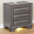 Gray Solid Wood 1Pc Nightstand Nickel Round Knob Transitional Style 3 Drawers Nightstand W Under Nightlight Grey Gray 3 Drawers Bedroom Bedside Cabinet Contemporary,Modern Rubberwood Usb Port Solid Wood