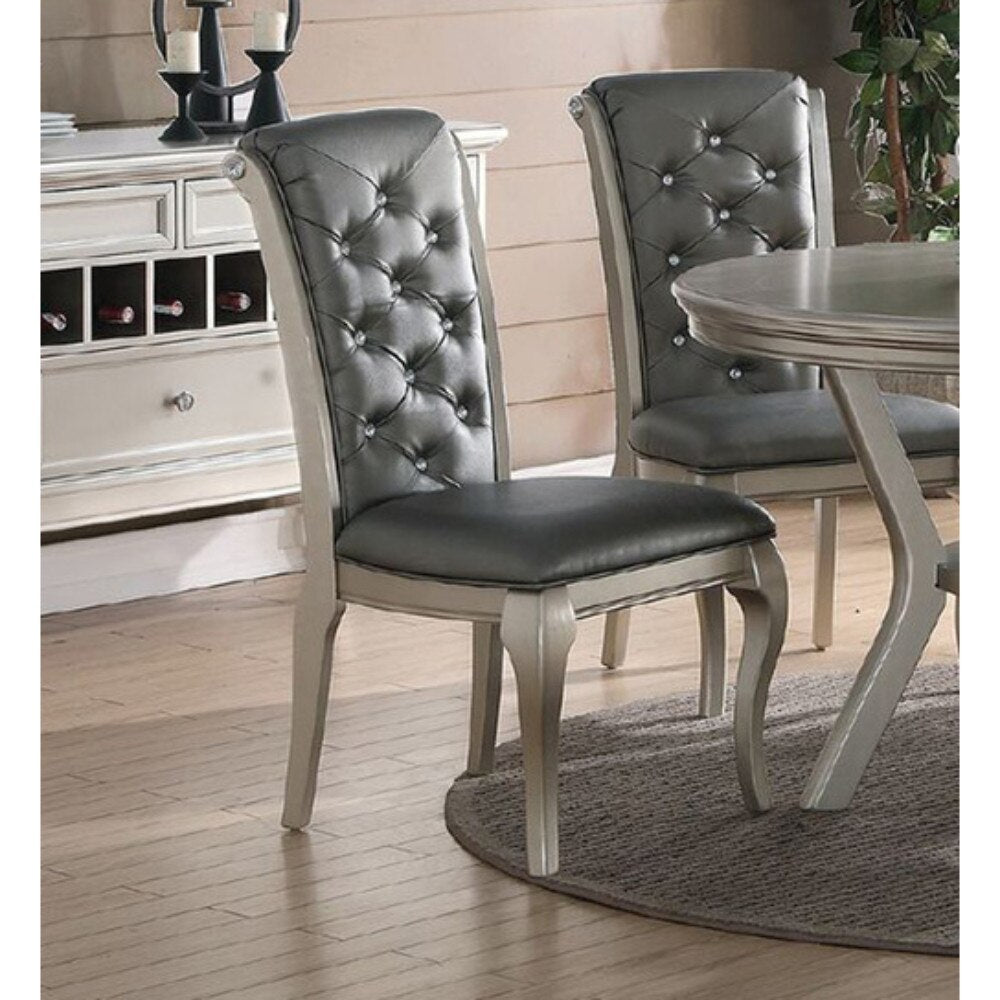 Luxury Antique Silver Wooden Set Of 2 Dining Side Chairs Grey Faux Leather Pu Tufted Upholstered Cushion Chairs Pine Wood Grey Gray Dining Room Classic,Traditional Dining Chairs Rubberwood Tufted Back Solid Wood