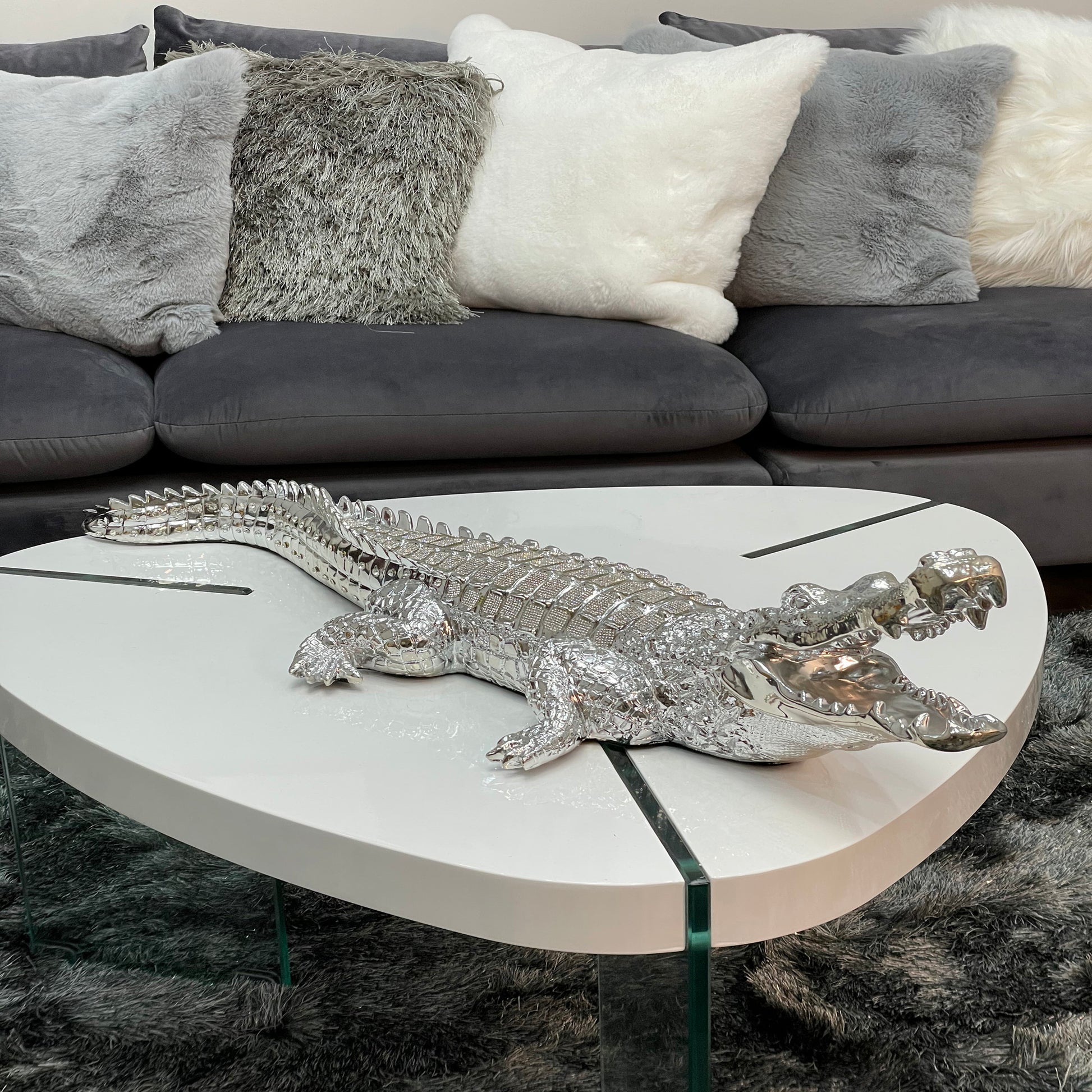 Ambrose Diamond Encrusted Chrome Plated Crocodile 34"L X 10.5"W X 9"H Silver Polyresin