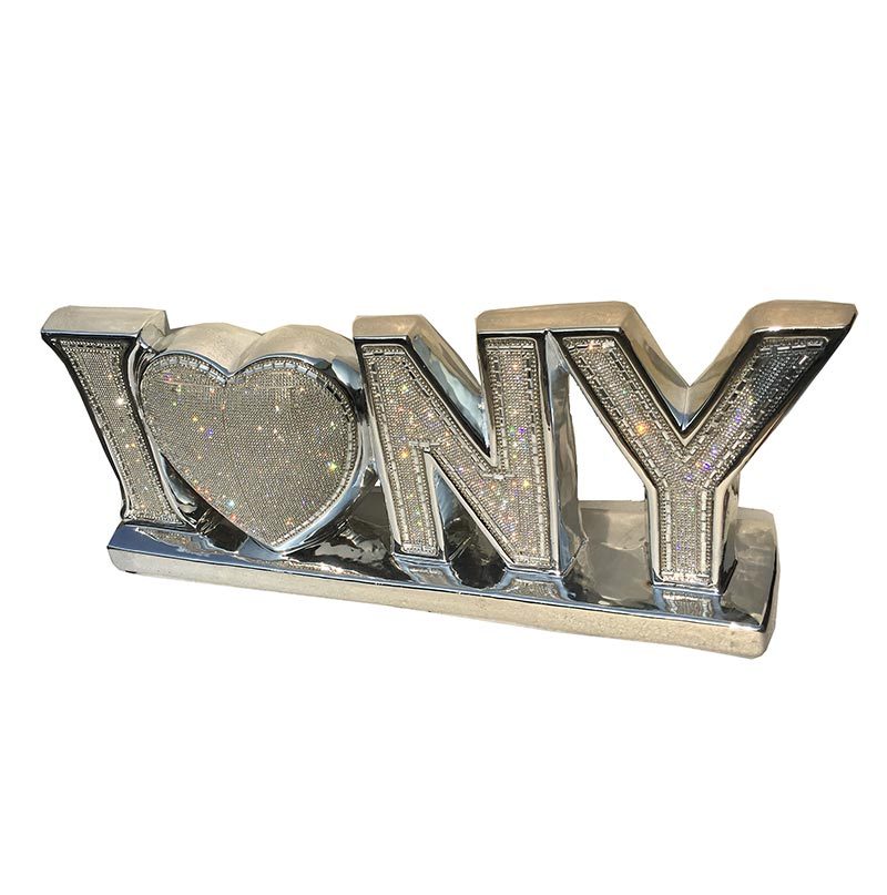 "I Beautiful York" Ceramic Chrome Plated Table Top In Diamond Incrustation 20 In X 4 In X 8 In Silver Ceramic