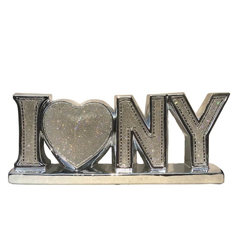 "I Beautiful York" Ceramic Chrome Plated Table Top In Diamond Incrustation 20 In X 4 In X 8 In Silver Ceramic