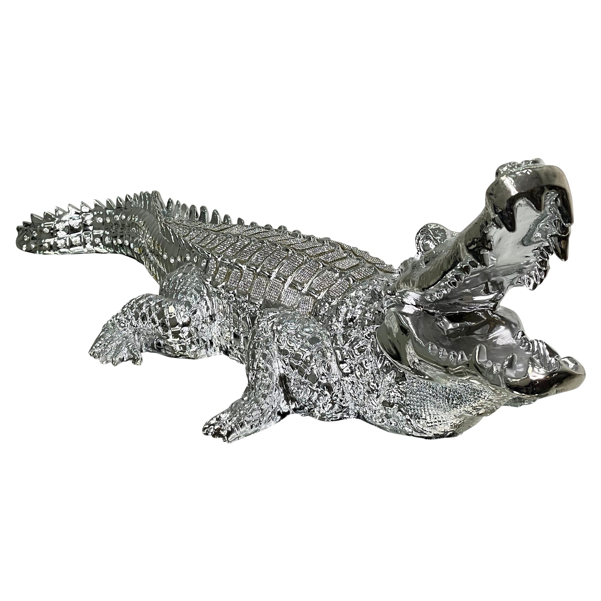 Ambrose Diamond Encrusted Chrome Plated Crocodile 34"L X 10.5"W X 9"H Silver Polyresin