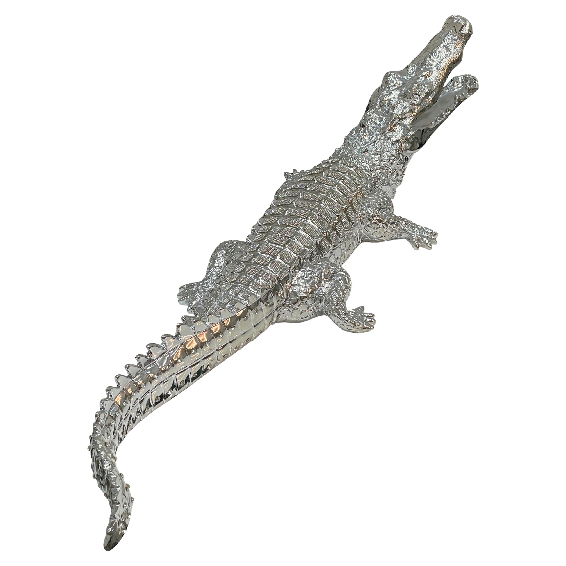 Ambrose Diamond Encrusted Chrome Plated Crocodile 34"L X 10.5"W X 9"H Silver Polyresin