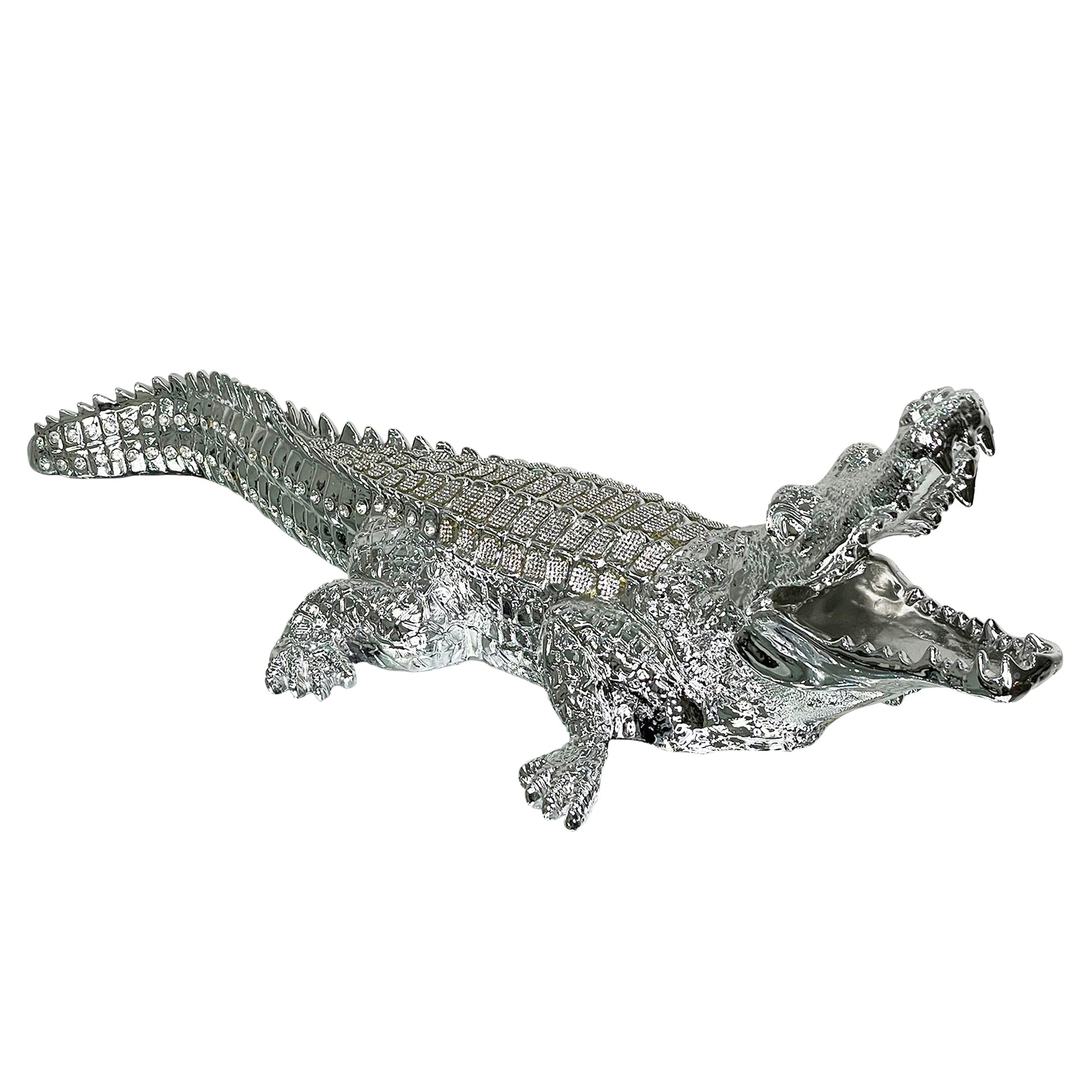 Ambrose Diamond Encrusted Chrome Plated Crocodile 34"L X 10.5"W X 9"H Silver Polyresin