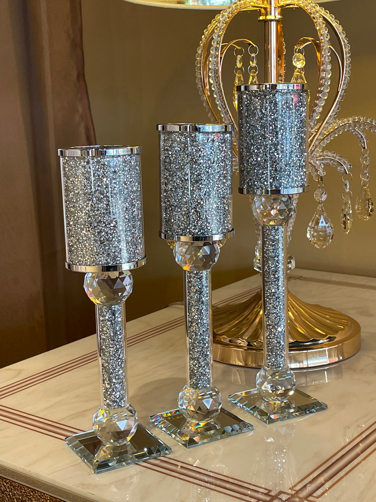 Ambrose Exquisite 3 Piece Candle Holder Set Silver Glass