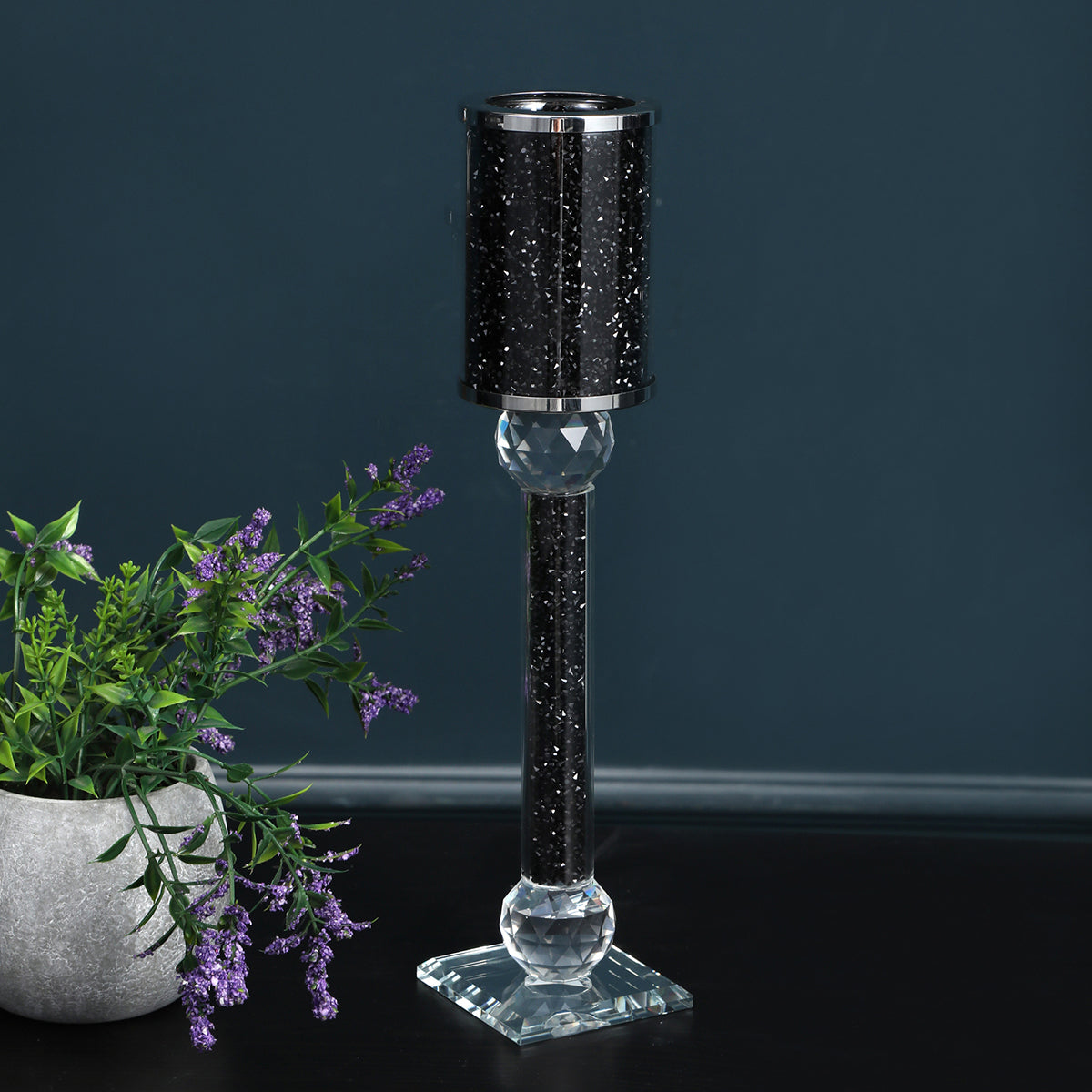 Ambrose Exquisite Small Candle Holder 2.75" L X 2.75" W X 10.25" H Black Glass