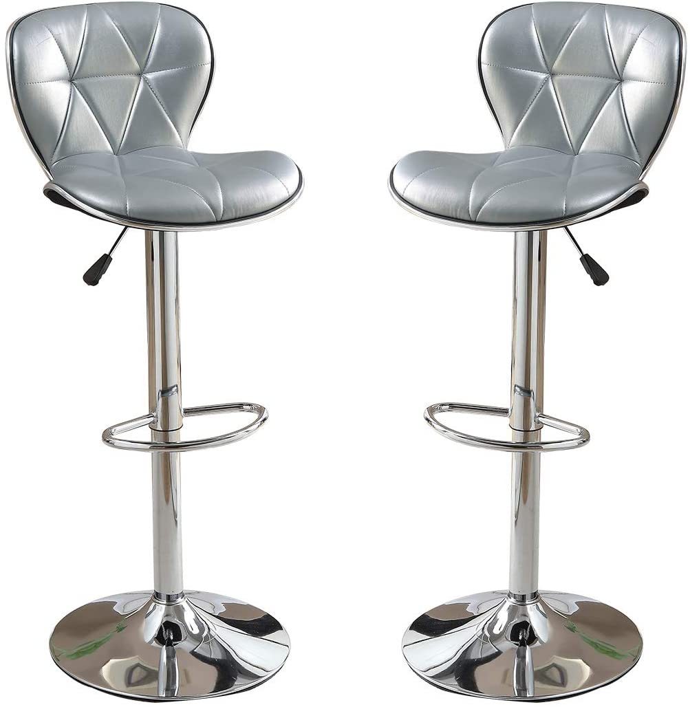 Silver Grey Faux Leather Pvc Stool Counter Height Chairs Set Of 2 Adjustable Height Kitchen Island Stools Chrome Base. Silver Dining Room Contemporary,Modern Tufted Back Metal