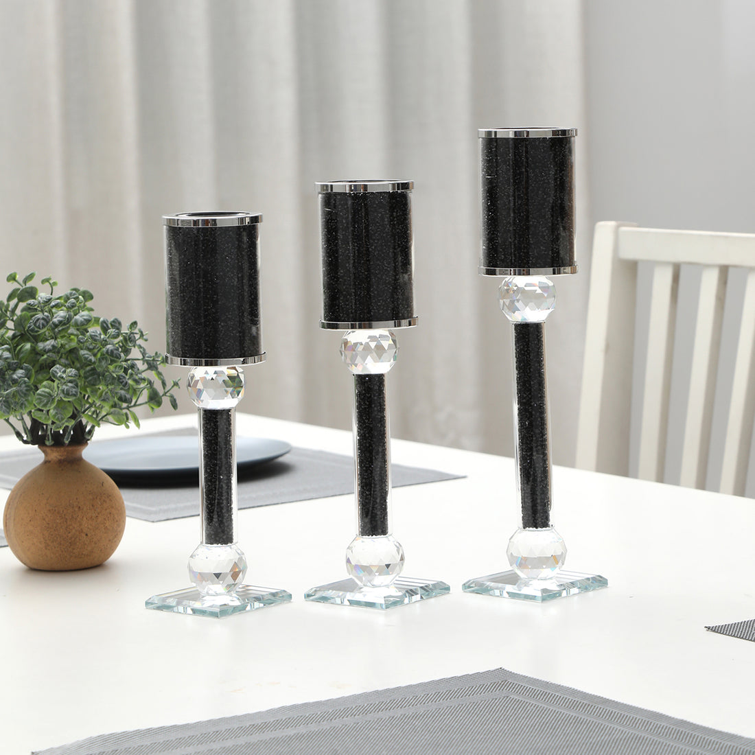 Ambrose Exquisite 3 Piece Candle Holder Set Black Glass