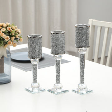 Ambrose Exquisite 3 Piece Candle Holder Set Silver Glass