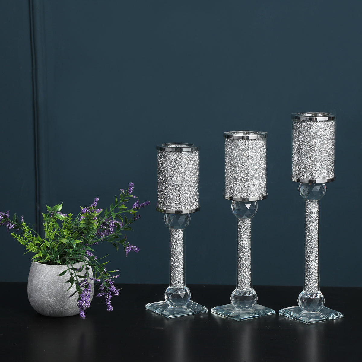 Ambrose Exquisite 3 Piece Candle Holder Set Silver Glass