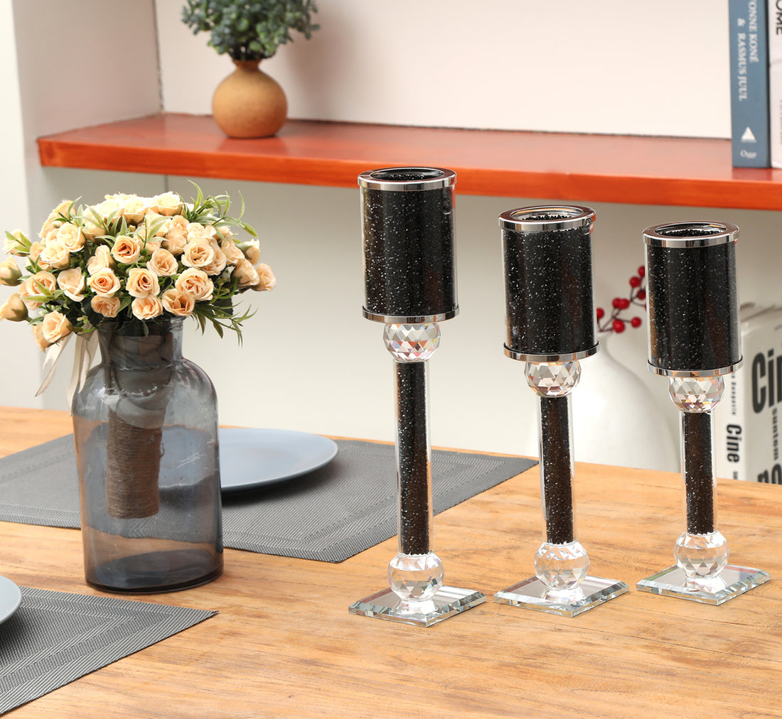 Ambrose Exquisite 3 Piece Candle Holder Set Black Glass