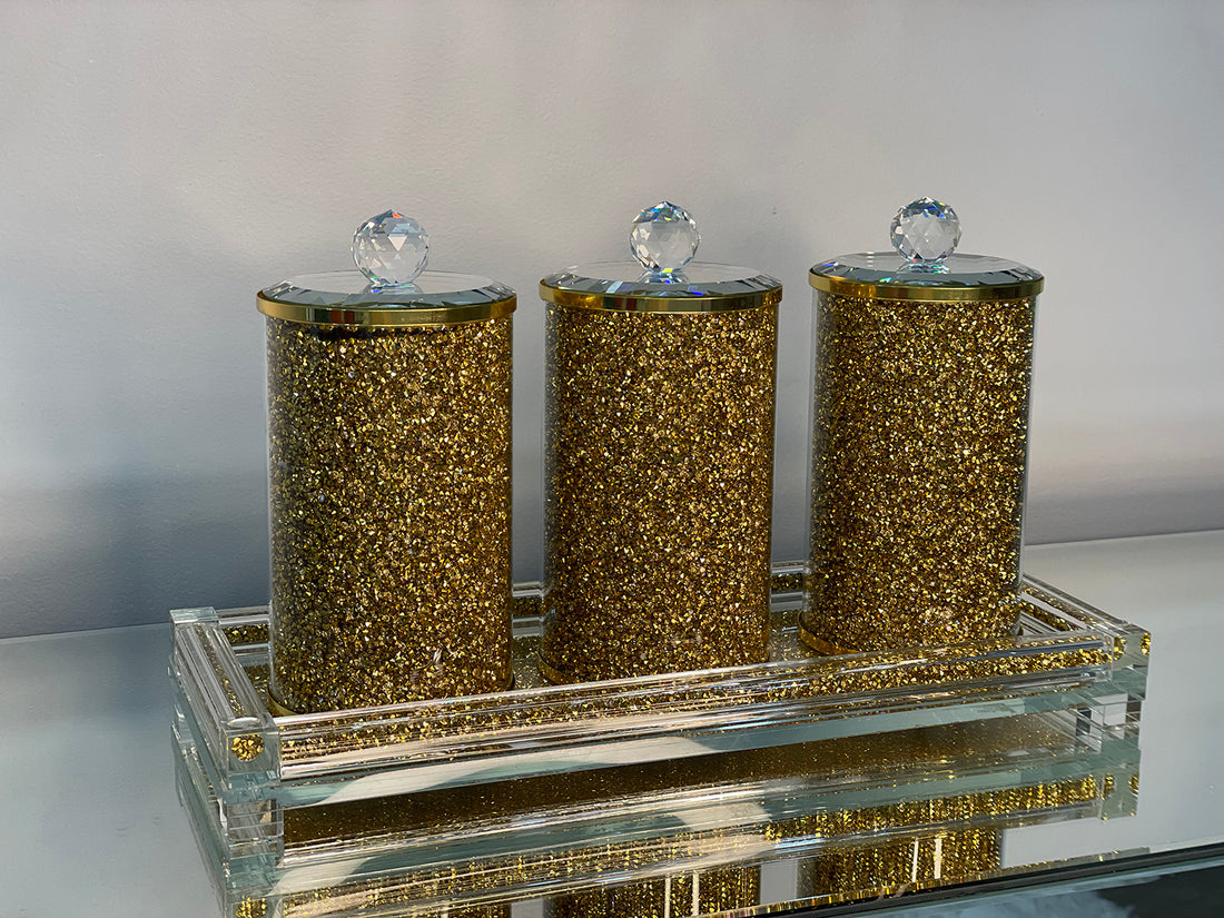 Ambrose Exquisite Three Glass Canister With Tray In Gift Box Gold Glass